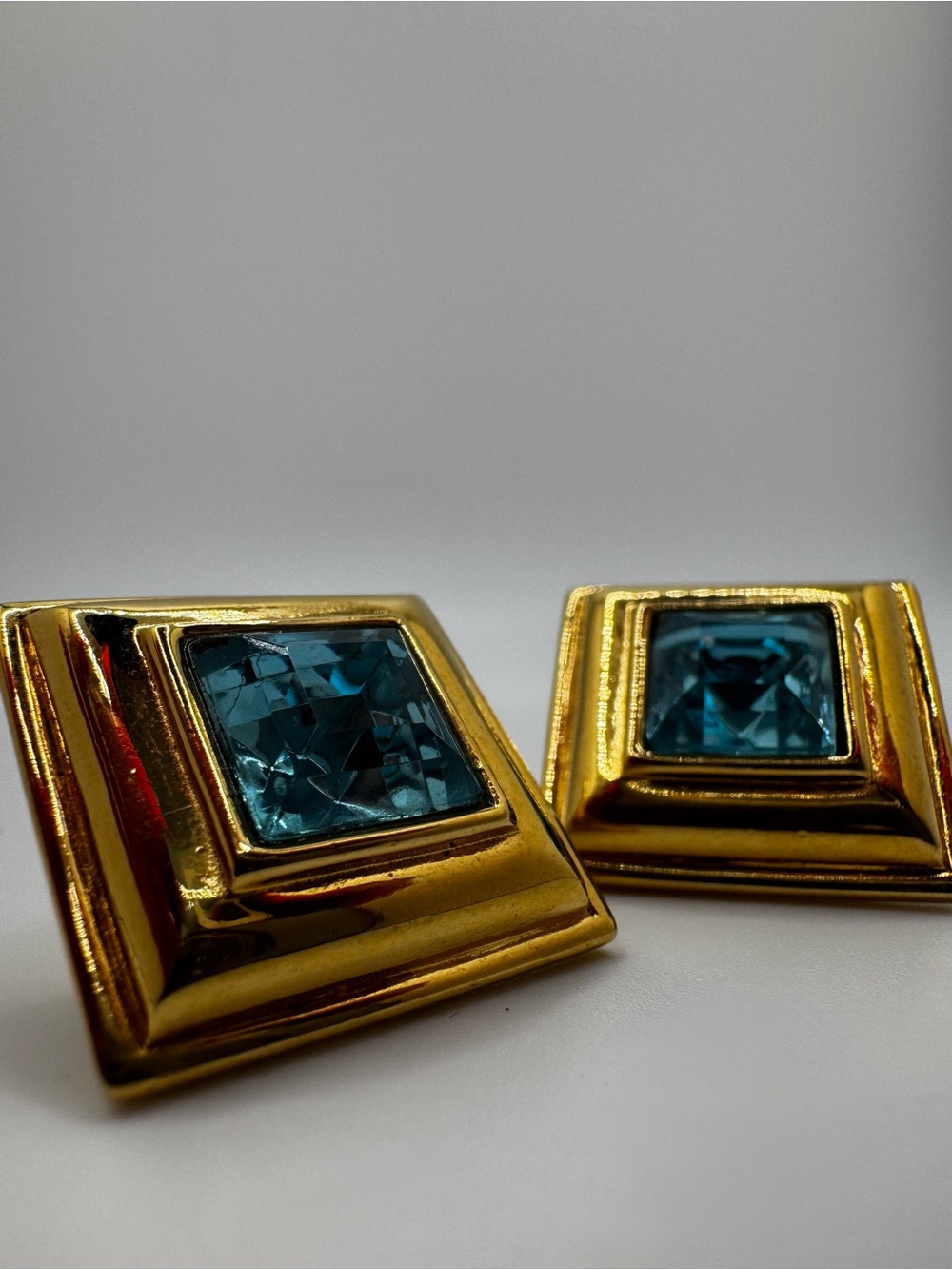 Vintage Monet Signed Gold Tone & Aqua Crystal Clip-On Earrings